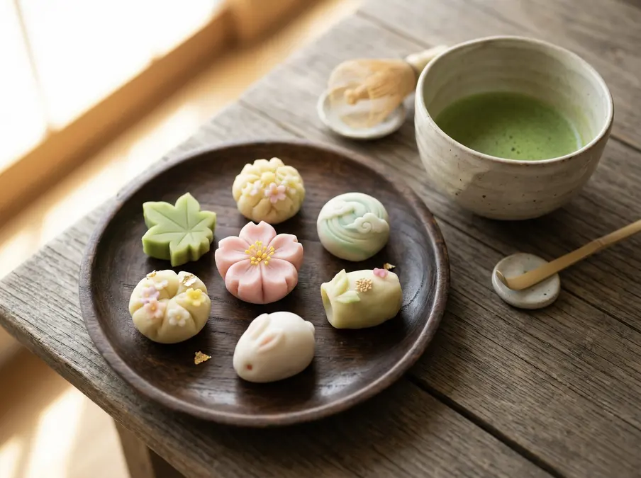 Colorful Japanese wagashi sweets on a wooden plate